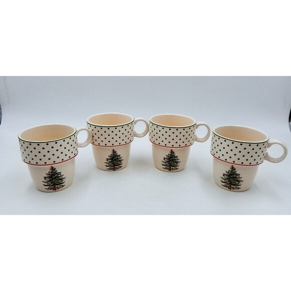 Spode Christmas Tree Collection Polka Dot Stackable Mugs Coffee Tea Set of 4 Box - Picture 5 of 10